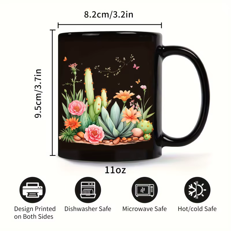 Tasse en céramique Cactus noir et fleurs