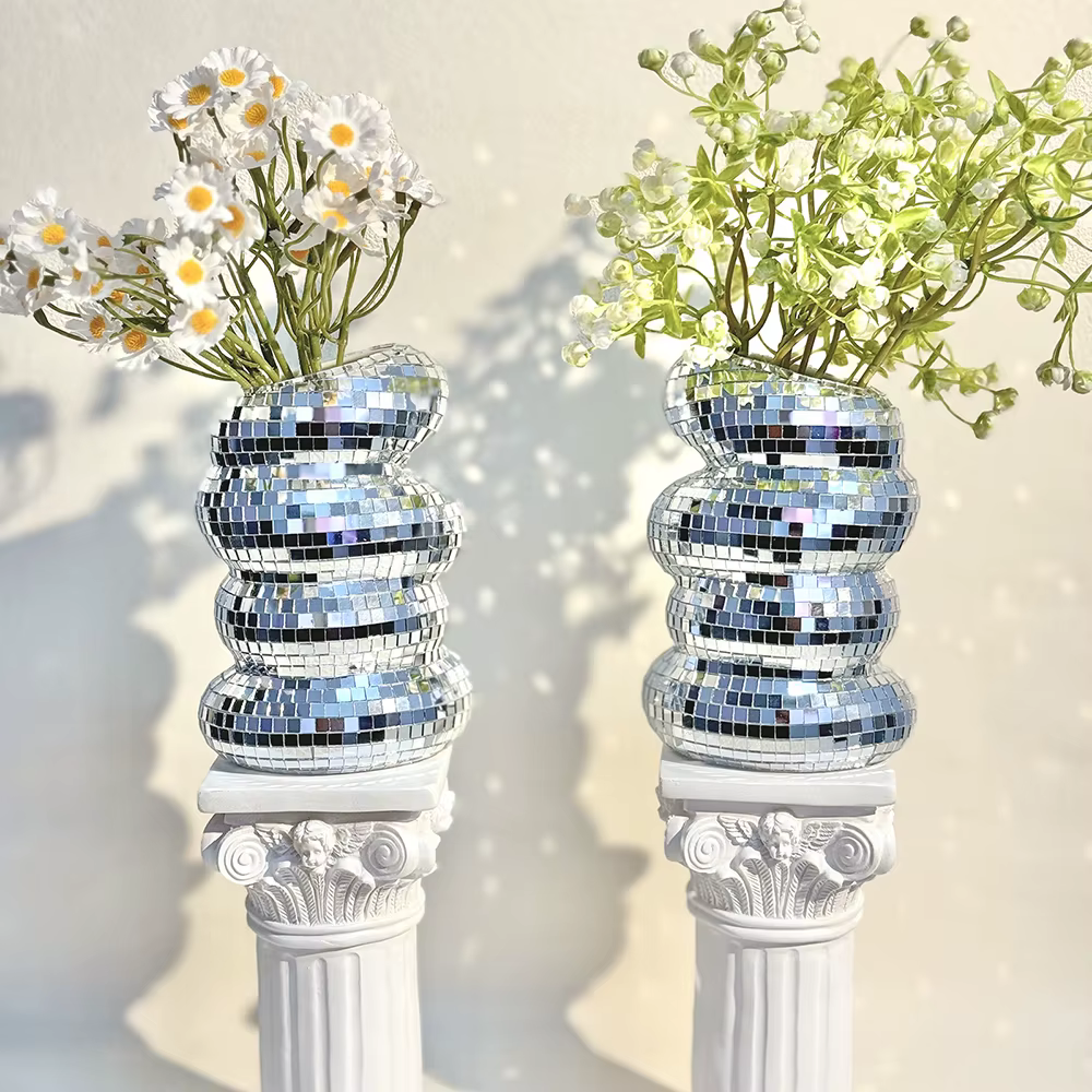 Vase boule Disco spirale, carreaux de verre uniques, bouteille de fleur, jardinière boule Disco, Vase miroir argenté, décor de maison, salon, bureau