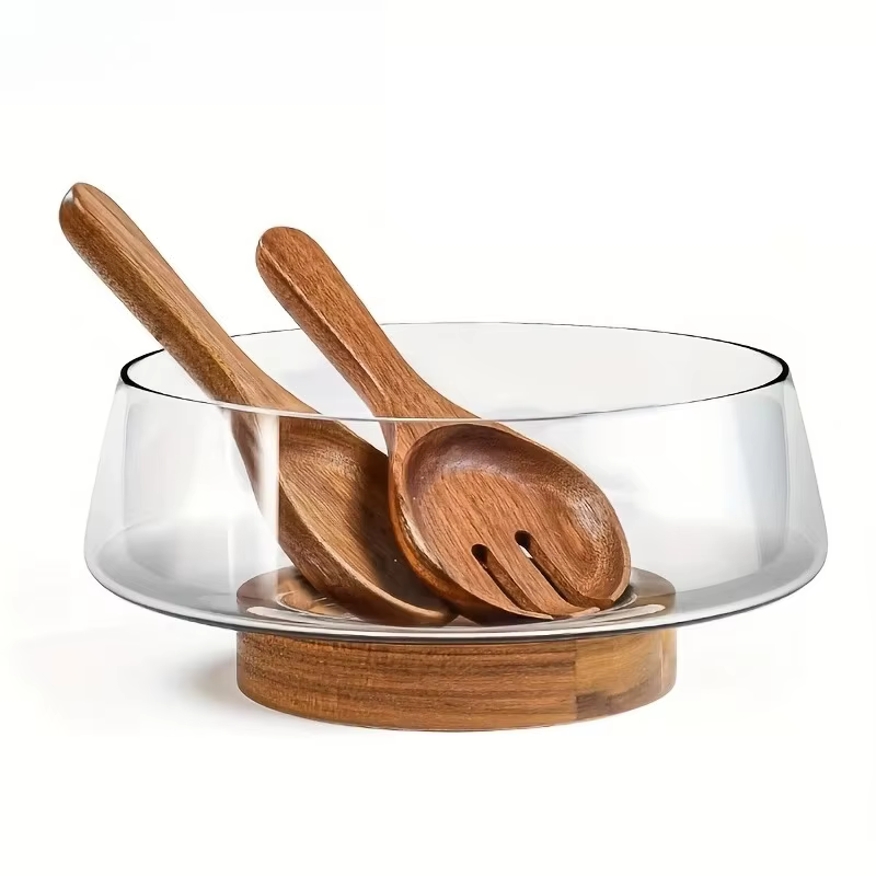 Ensemble de 1 saladier en verre avec base en bois