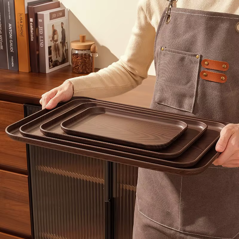 Plateau de service rectangulaire en plastique grain de bois