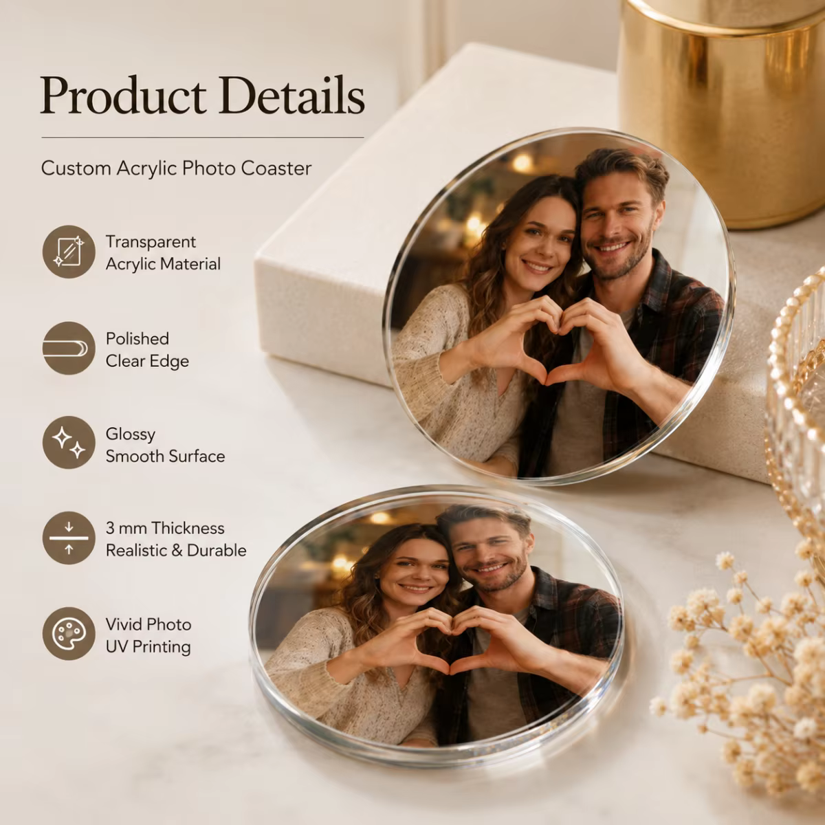 1 sous-verre personnalisé en acrylique – imprimé UV avec votre image ; Convient pour les mariages
