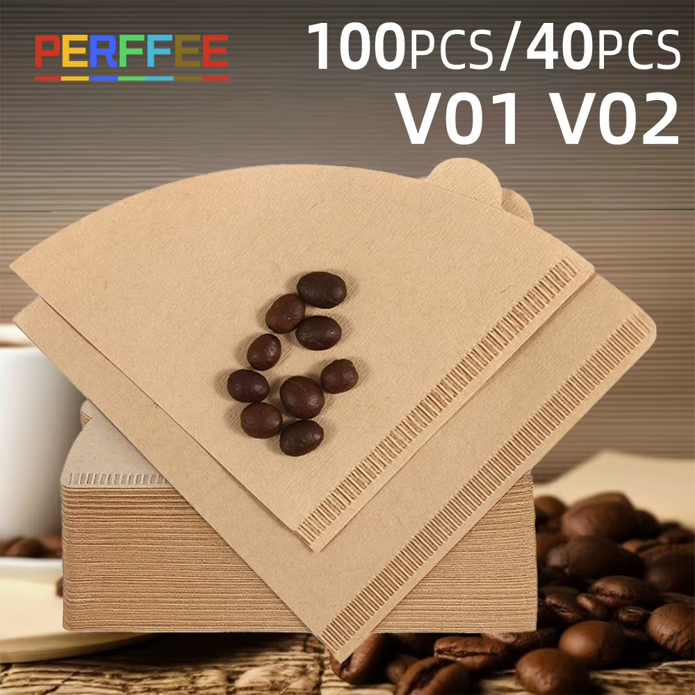 Filtres en papier à café 100 pièces/40 pièces filtre à cône V01 V02 non blanchi verser sur la pâte de bois naturelle