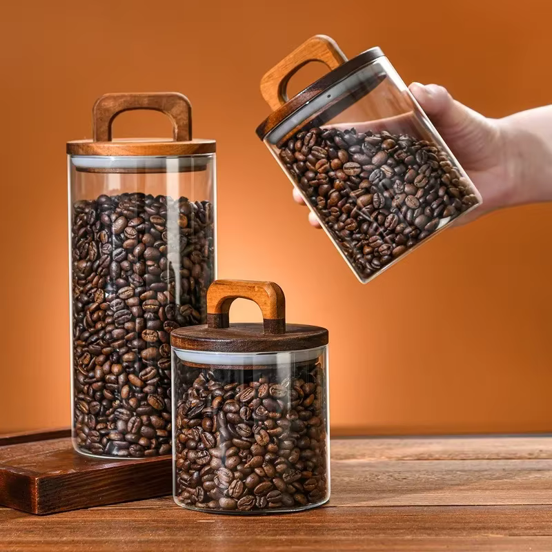 Bocaux en verre pour grains de café avec couvercle en bois
