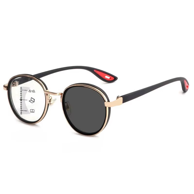 Lunettes de presbytie progressives multifocales photochromiques, monture ronde en métal, verres à changement de couleur, HD, anti-lumière bleue, lunettes de lecture