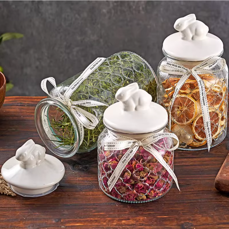 Pot scellé en verre transparent avec couvercle en céramique