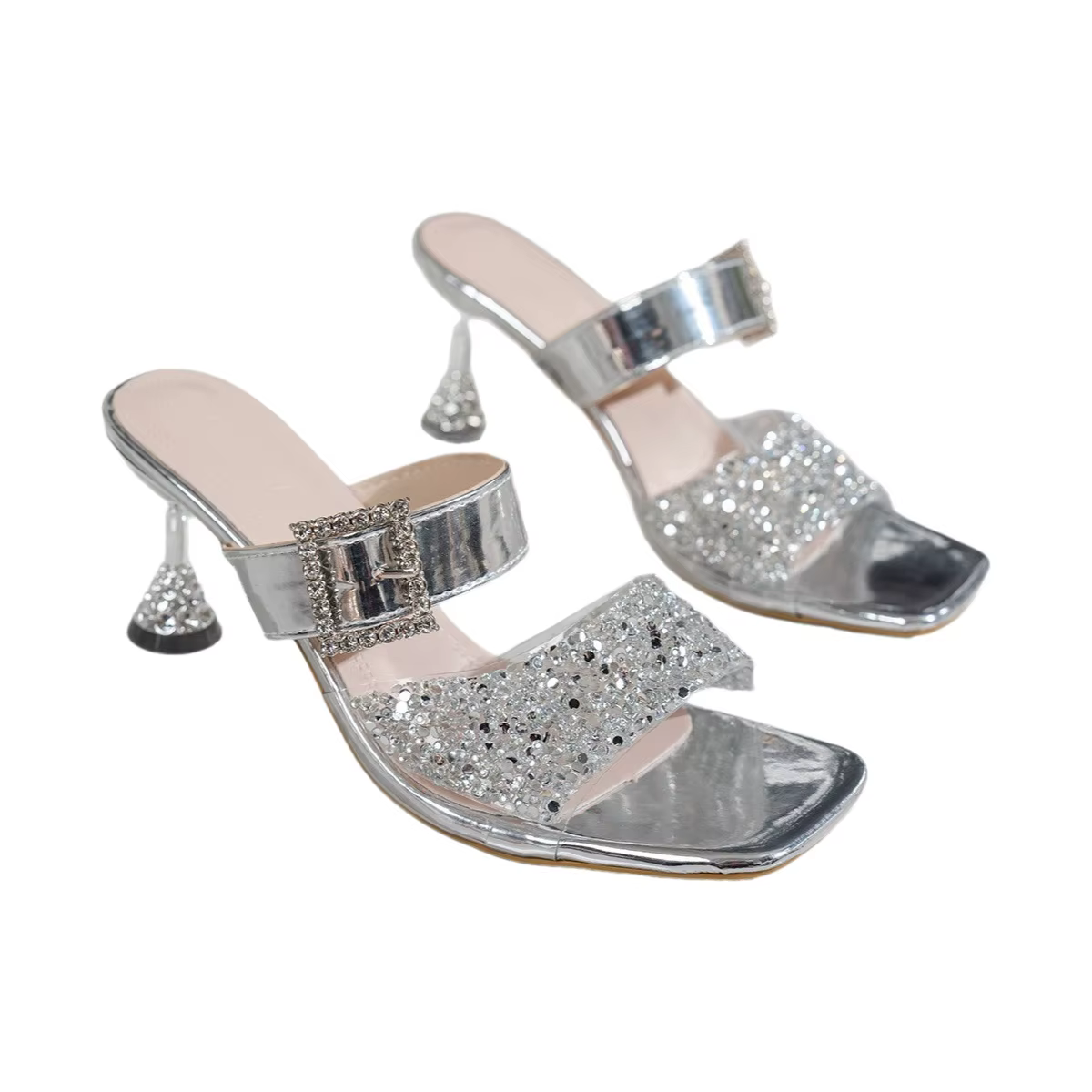 Sandales à talons en verre entièrement ornées BlingBling pour femmes, avec boucle métallique, talons hauts, style élégant, semelle en caoutchouc, essentielles pour les soirées