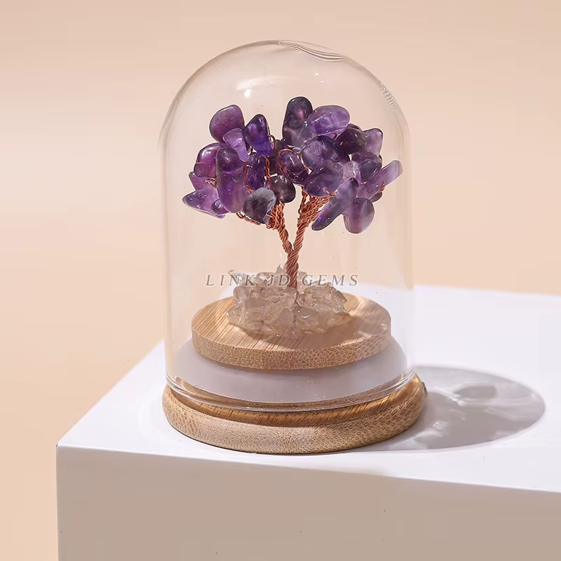 Ornement Bouteille des Vœux Arbre de Richesse en Pierre Naturelle Concassée avec Couvercle en Verre, Décoration de Bureau, Cadeau