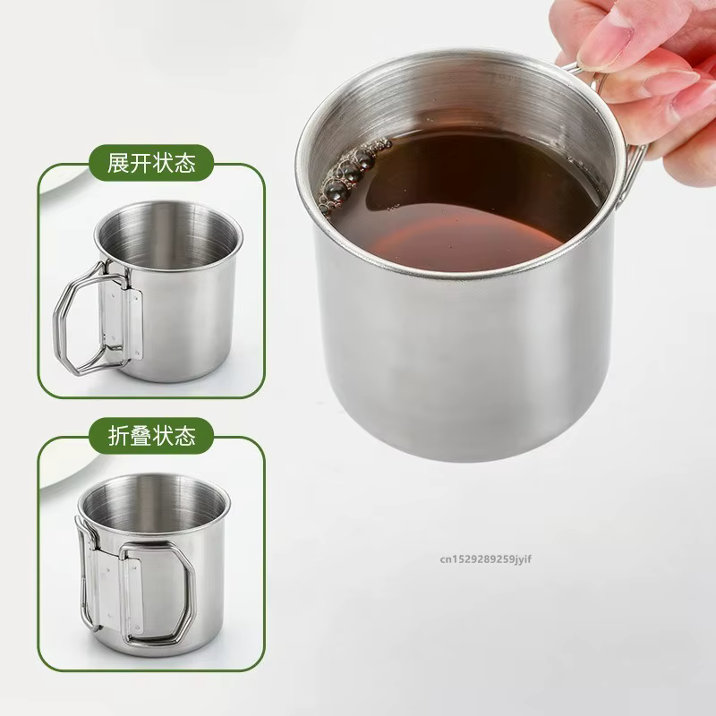 Tasse de Camping en acier inoxydable, 250/350/500/700ml, tasses d'alpinisme portables avec poignée pliable, tasse d'eau extérieure, verres