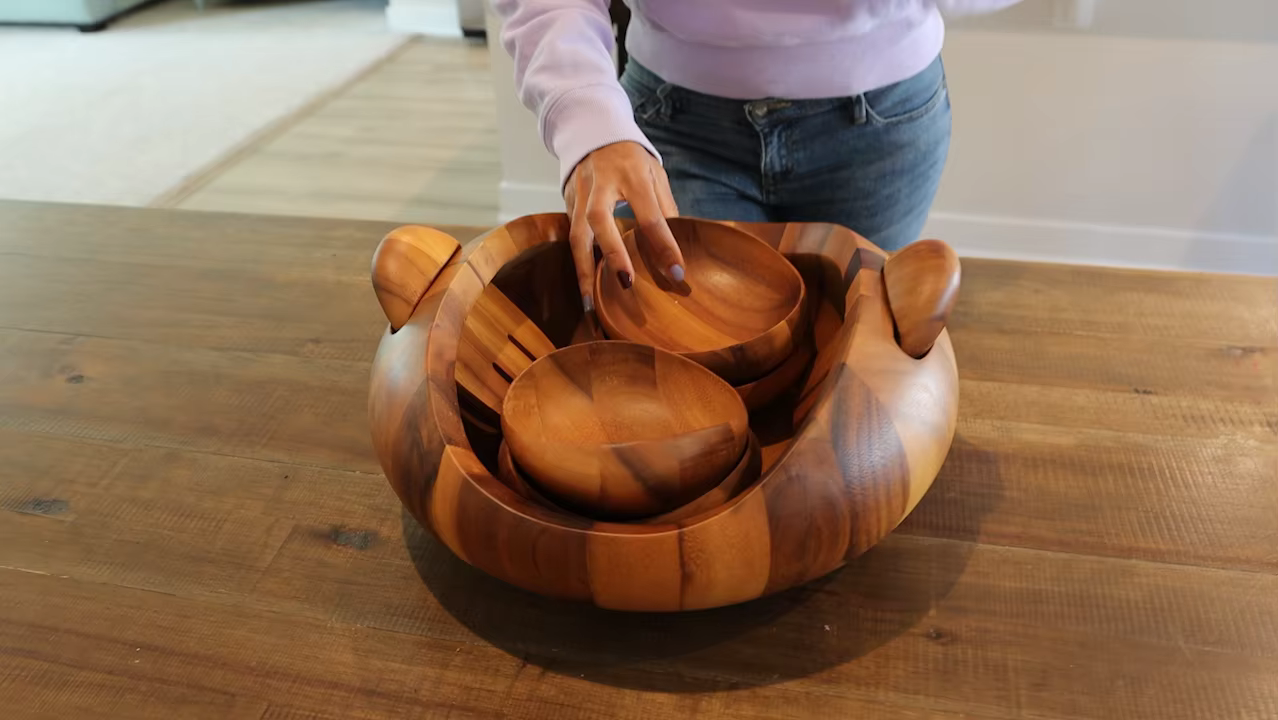 Ensemble de salade de bol de service en bois d'acacia de 15 pouces