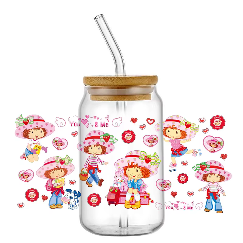 Autocollants UV DTF Fraise Douce pour Filles, Motifs Fruits et Fleurs Mignons pour Bouteilles en Verre de 16 oz, Décalcomanies de Transfert DIY Imperméables