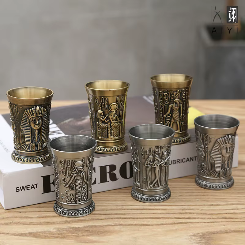 Verre à vin égyptien Vintage en métal, 50ML, pharaon Tut, gravure, gobelet en métal, Cocktail, whisky, Bar, tasse, verre d'eau, décoration de maison