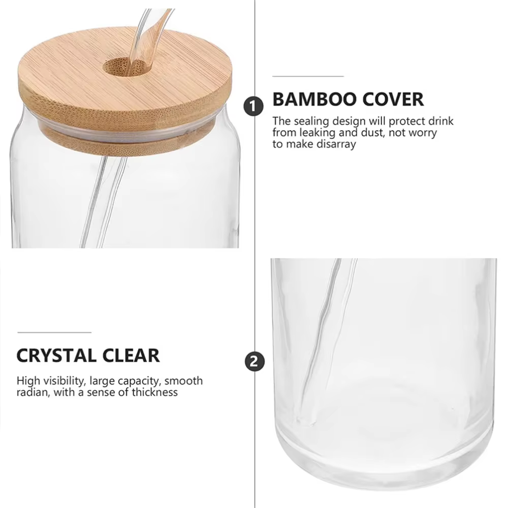 Tasses en verre avec couvercles et paille en bambou