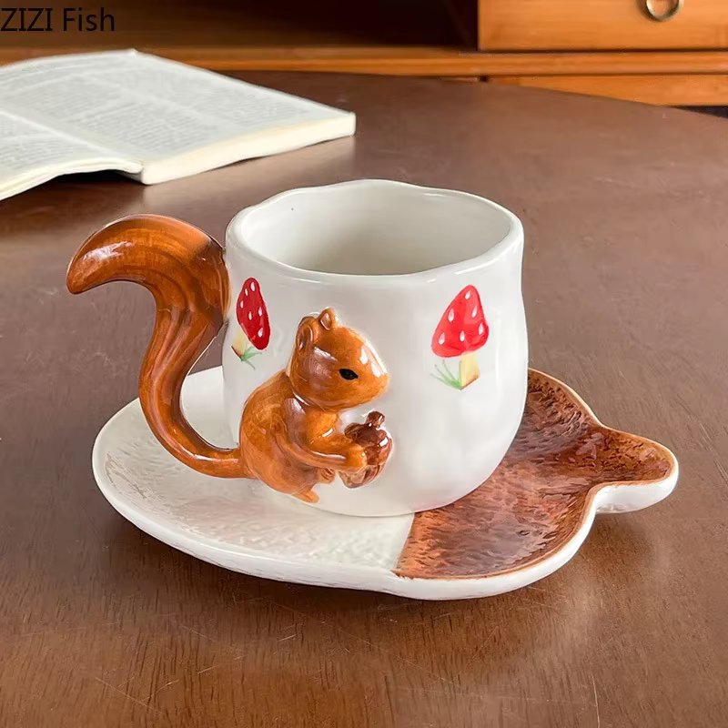 Tasse et soucoupe en porcelaine en Relief de feuille d'érable d'écureuil