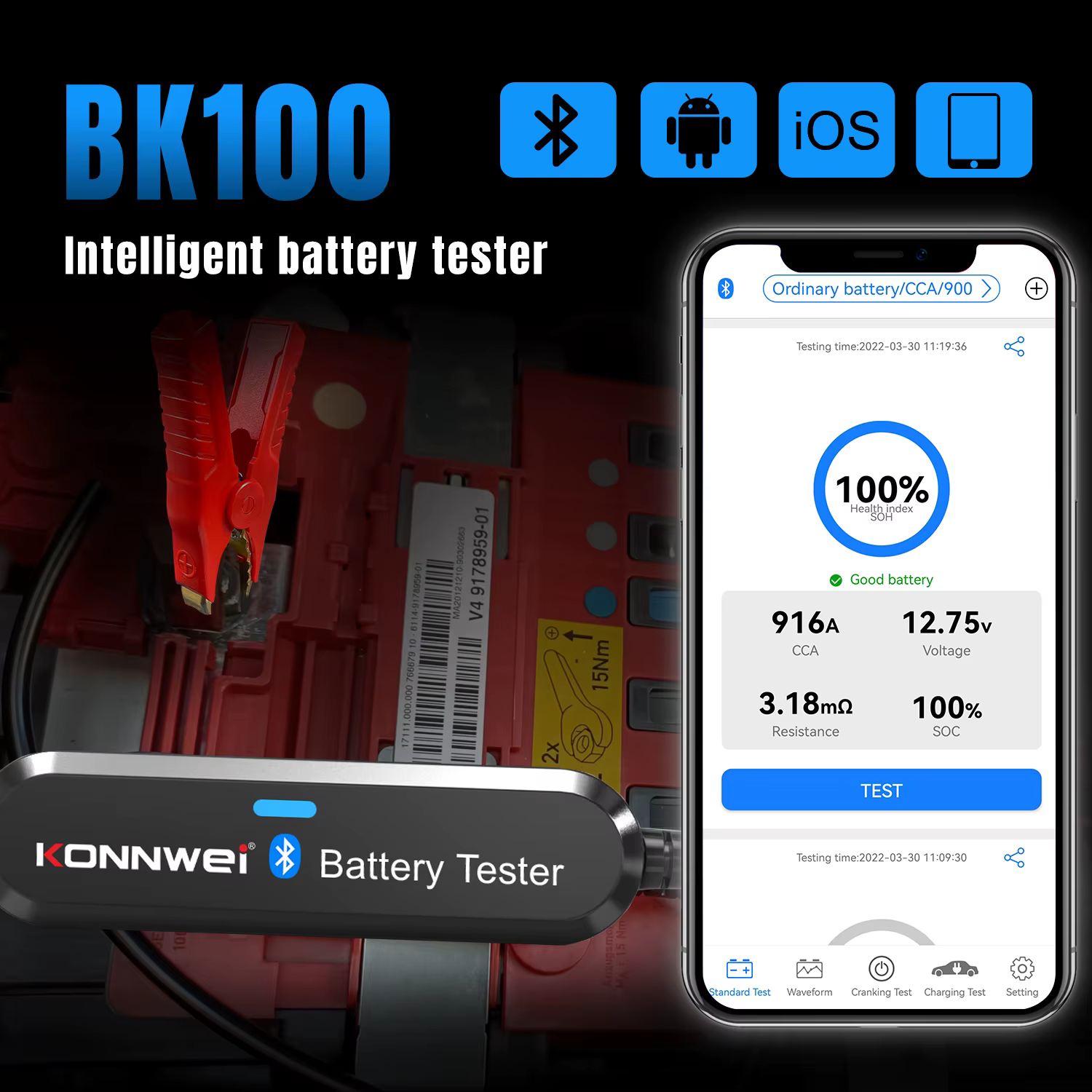 Testeur de batterie de voiture KONNWEI BK200 BK100 6V-12V-24V, contrôle par application Bluetooth pour surveiller les tests de charge, outil de diagnostic de batterie de voiture