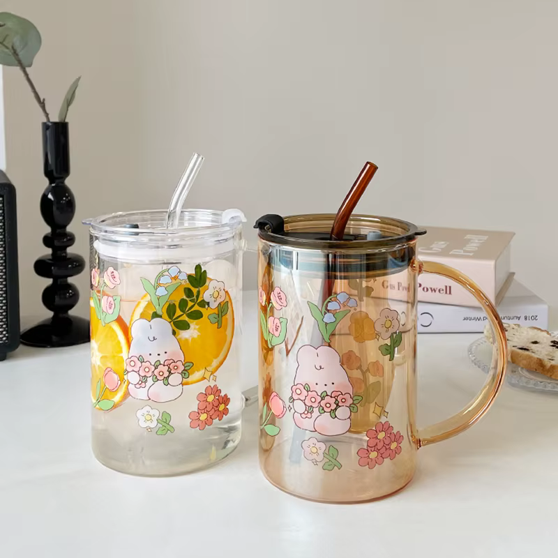 Tasse en verre avec couvercle en paille en forme de lapin mignon, Kawaii, pour café, lait, bière, vin, verres à boire, tasse pour eau et jus coréens, cadeau