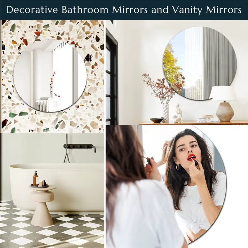 Verre pour miroir de salle de bain, rond, sans cadre, auto-adhésif, 40 cm, à coller sur le mur, salon, couloir, table de maquill