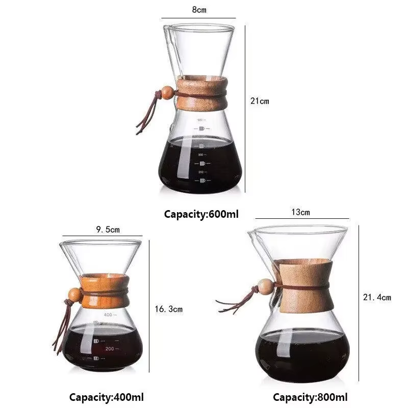 Bouilloire à café en verre à main avec filtre en acier inoxydable