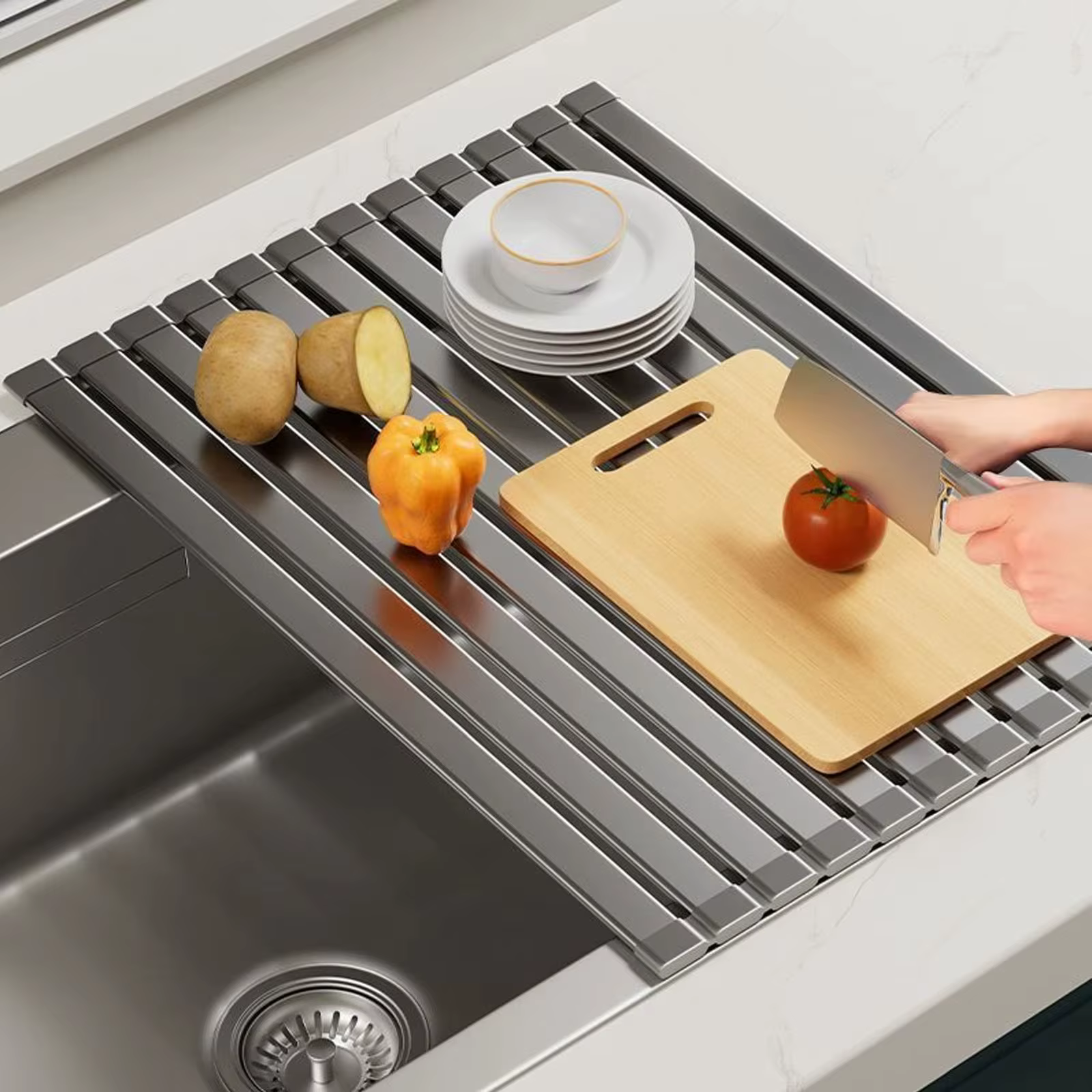 Égouttoir à vaisselle pliable robuste et enroulable - Égouttoir à vaisselle pliable robuste et enroulable, gain de place, hauteur réglable, résistant à la chaleur et support de rangement amovible pour