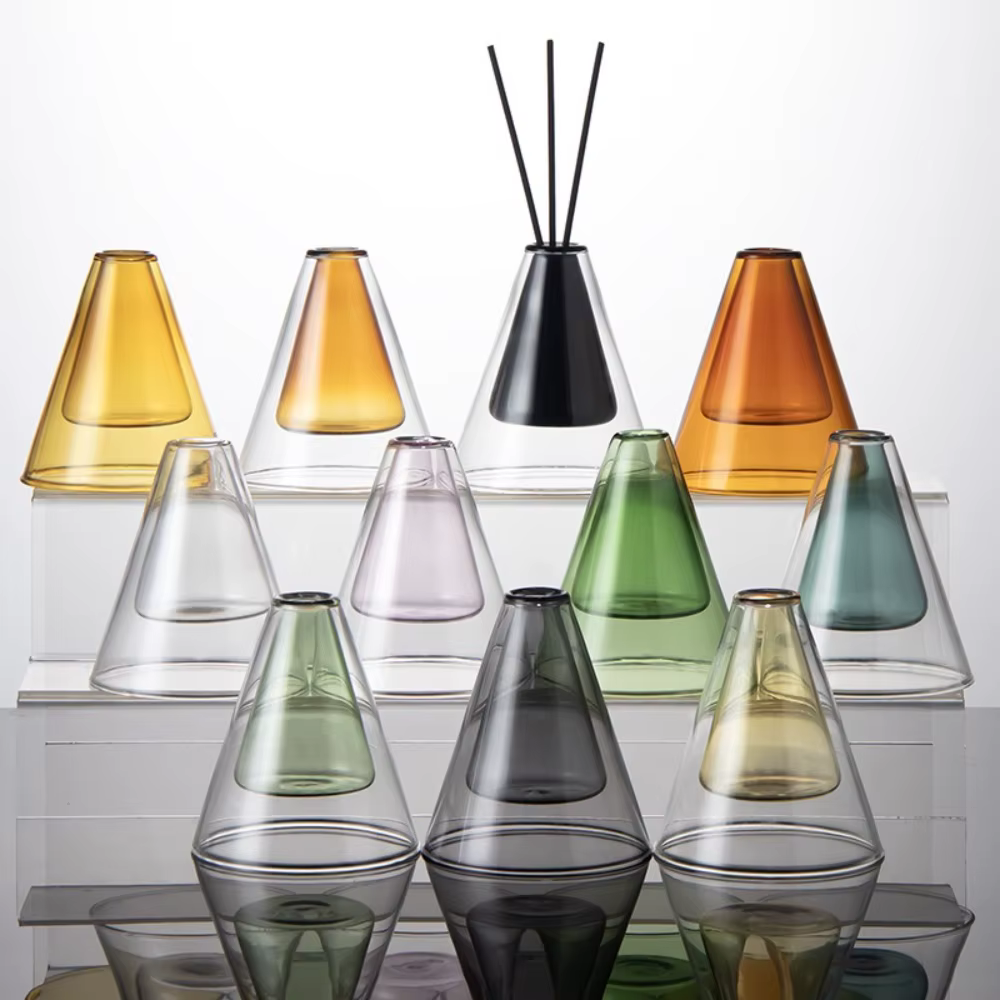 Bouteille en verre triangulaire à double paroi pour aromathérapie, organisateur d'huiles, conteneurs de rangement, centre de table de mariage, décoration intérieure