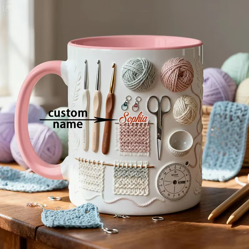 Tasse à café personnalisée avec motif tricoté - Nom gravé et logo boule de laine - Cadeau pour les artistes en fibres