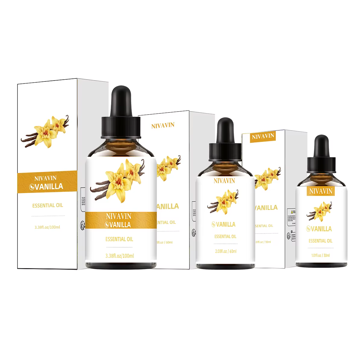 Huile essentielle de vanille NIVAVIN 30ml/60ml/100ml, naturellement extraite, parfum riche, senteur longue durée, idéale pour un usage domestique.