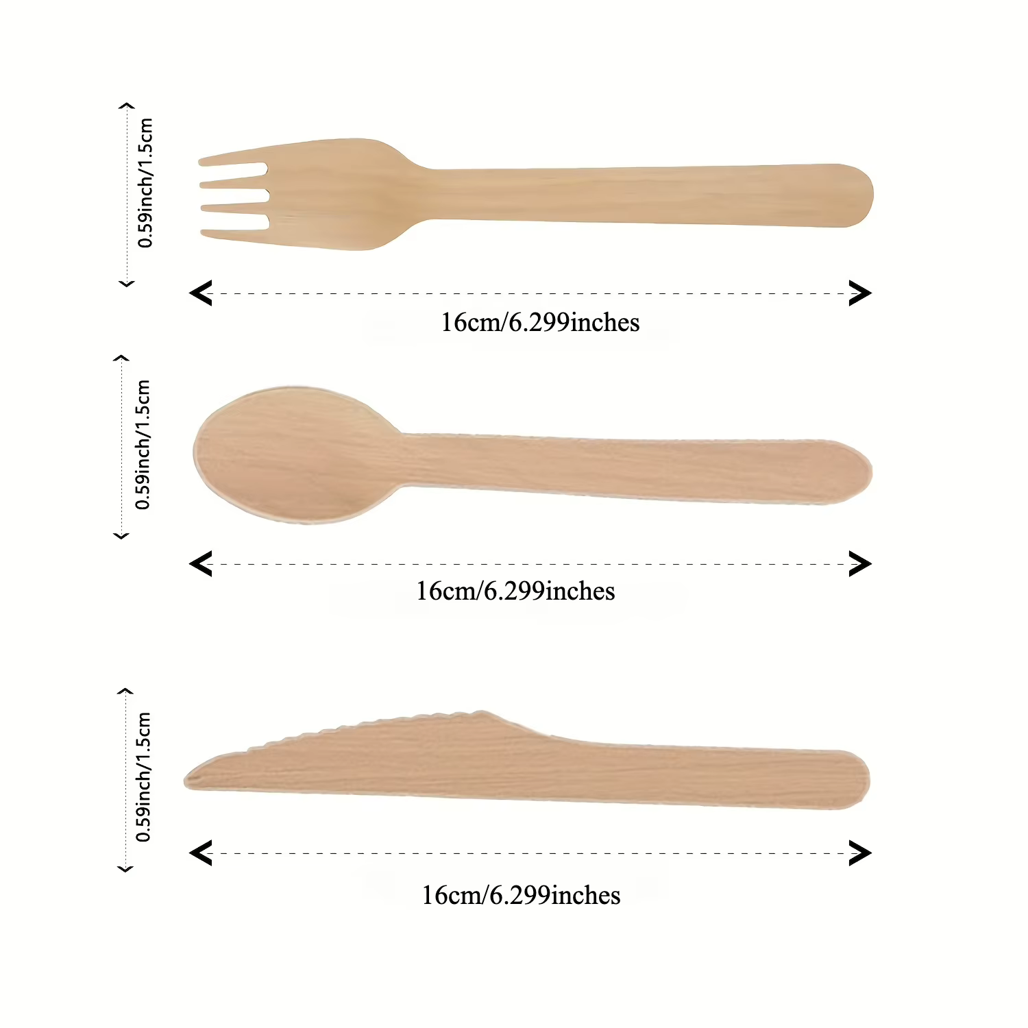 Cuillères/couteaux/fourchettes en bois jetables de 16cm, vaisselle, au lieu de cuillères en plastique biodégradables, jetables, 100 pièces