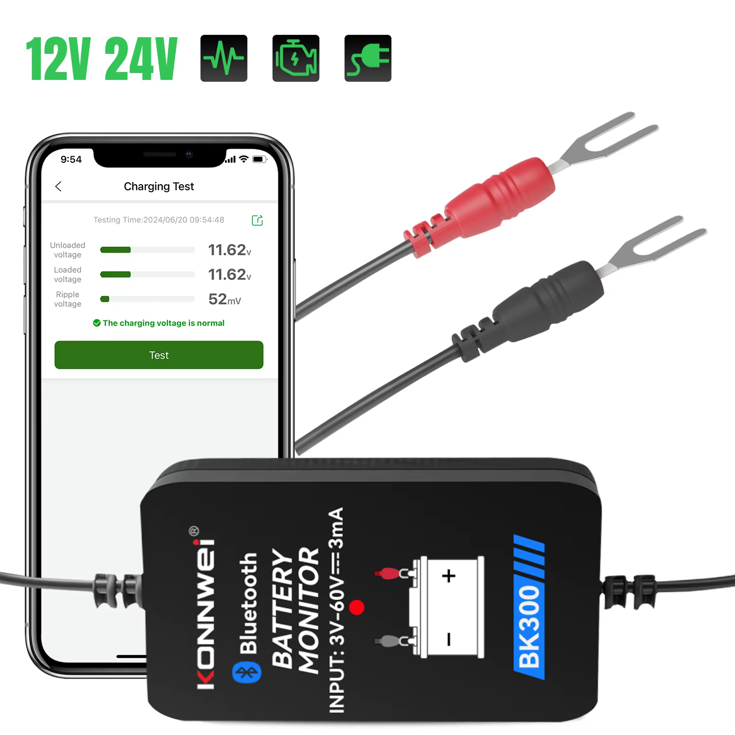 KONNWEI BK300 12V 24V moniteur de batterie sans fil Bluetooth testeur outil LED affichage batterie charge démarrage Test APP surveillance