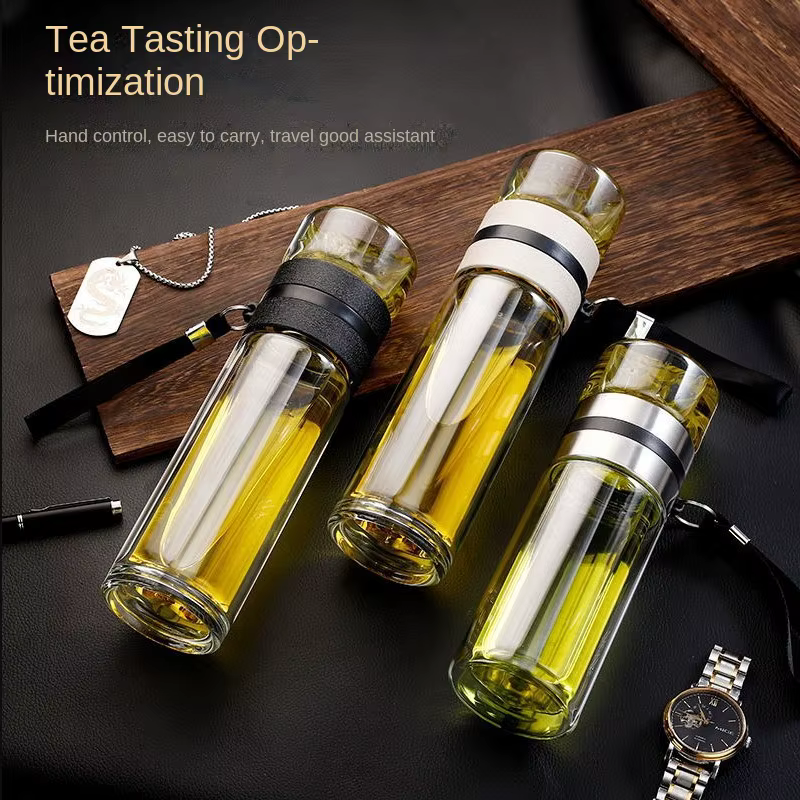 Tasse à thé en verre borosilicaté transparent à double paroi avec poignée