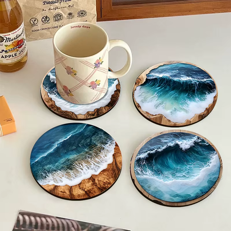 Ensemble de 4/6 sous-verres et sets de table ronds en bois bleu océan