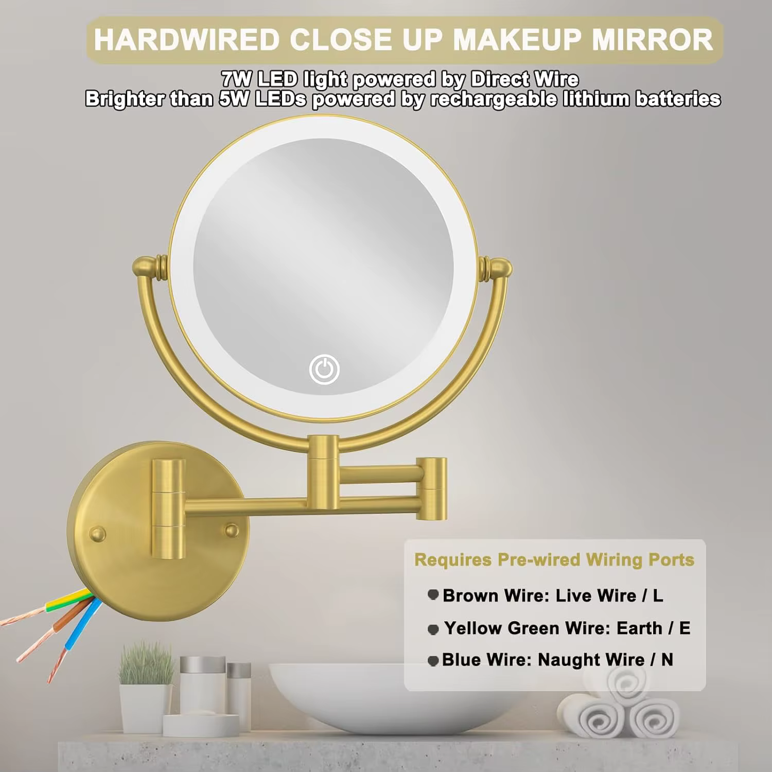 Miroirs de salle de bains Led or brossé, miroir de maquillage grossissant en laiton de qualité 10X, double bras, miroirs de salle de bains pliants Led dorés