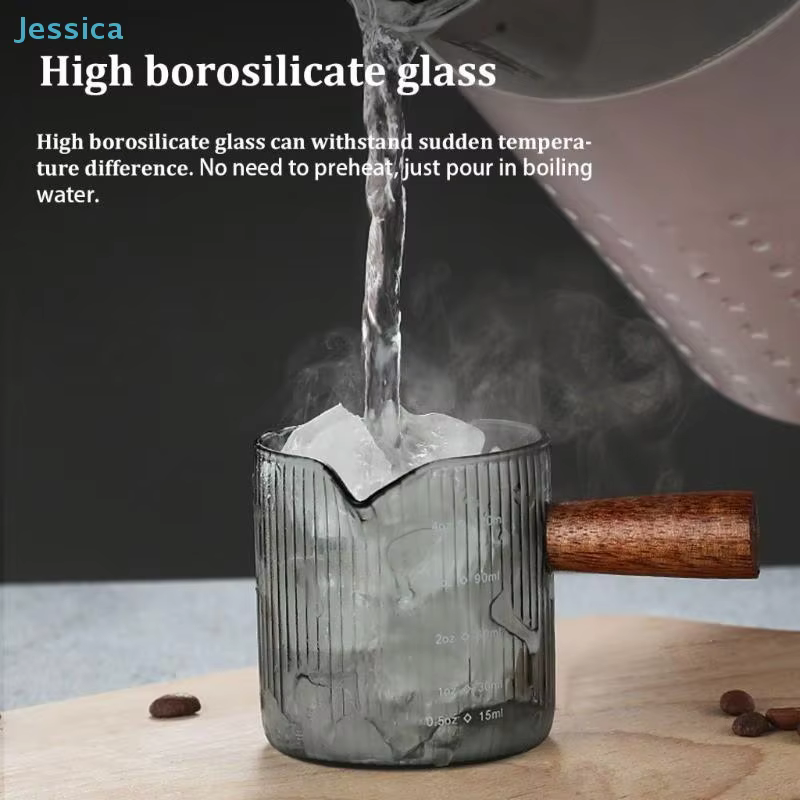 ♥ Tasse à mousse de lait en verre côtelé avec poignée en bois