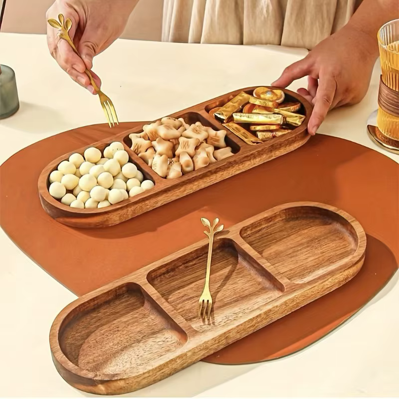 Plateaux de petit déjeuner en bois d'acacia avec séparateurs-Design minimaliste moderne