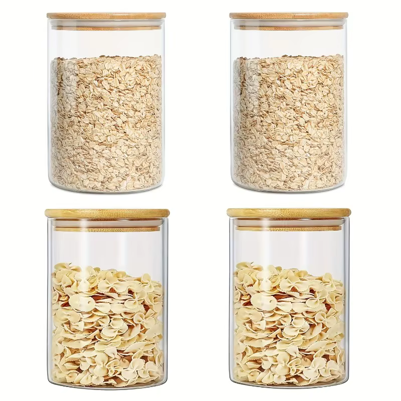 Bocaux de stockage ronds en verre avec couvercle en bambou