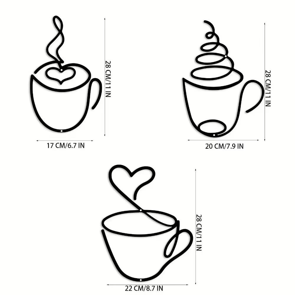 CIFBUY Ensemble de 3 décorations murales en métal en forme de tasses à café