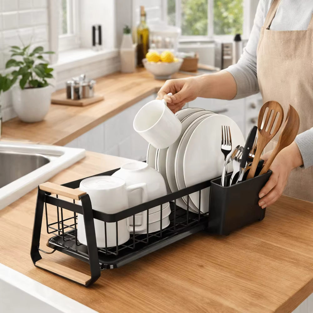 Égouttoir à vaisselle de cuisine détachable grande capacité avec poignée en bois