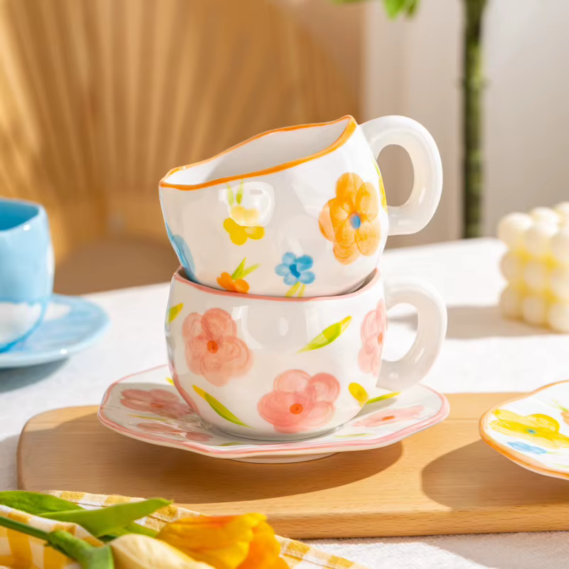 Tasse à café en céramique peinte à la main avec nuages de fleurs