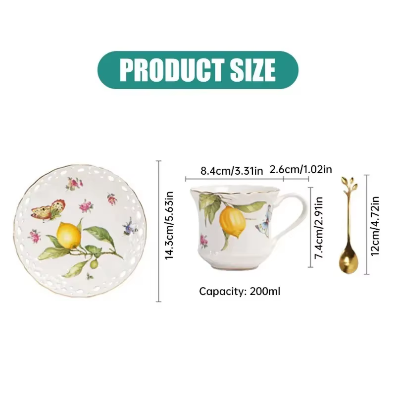 Ensemble tasse et soucoupe à café en céramique européenne avec motif papillon citron et cuillères