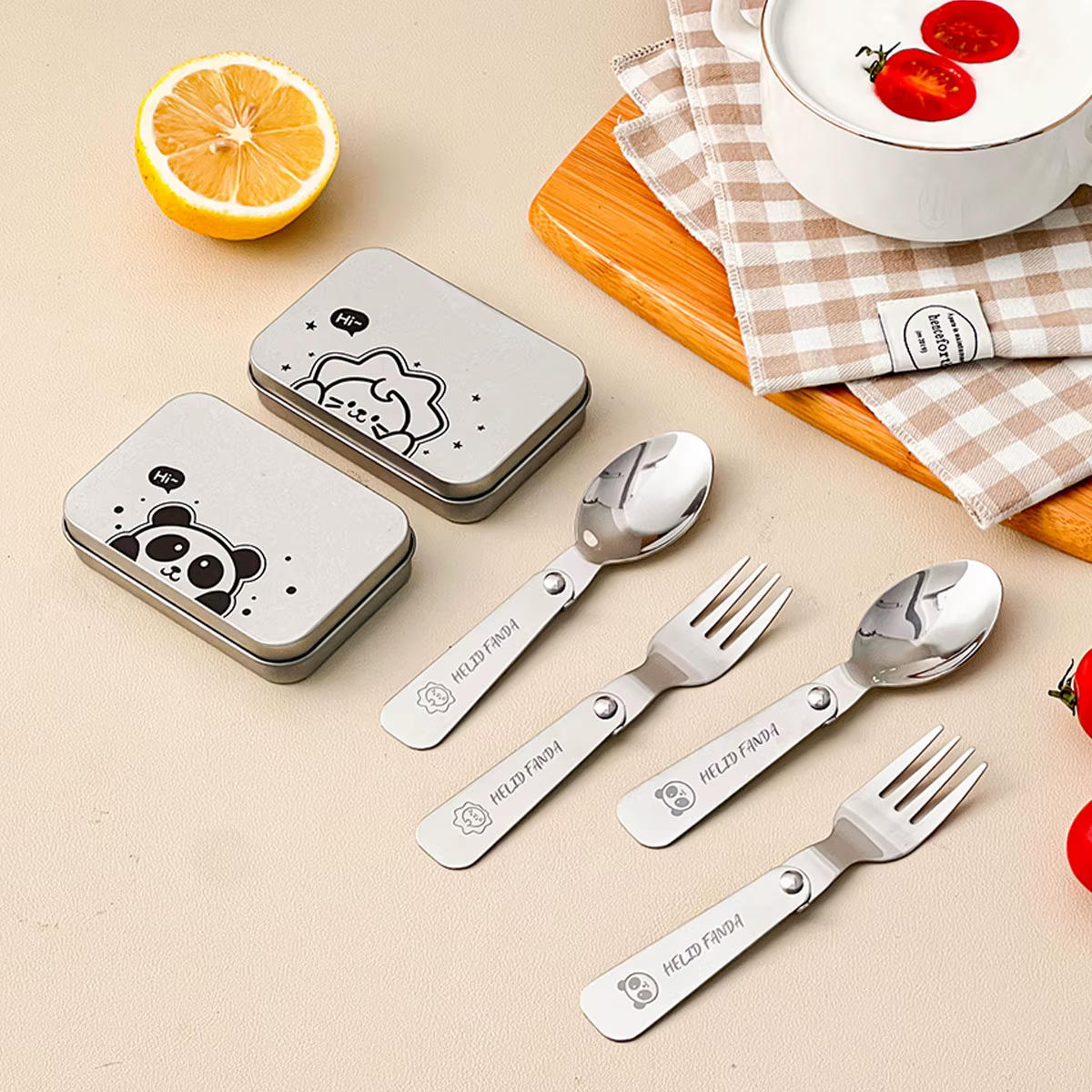 WORTHBUY Service de vaisselle pliable Portable 3 pièces/ensemble, fourchette pliante en acier inoxydable 304, cuillère avec boîte à couverts, vaisselle de pique-nique mignonne