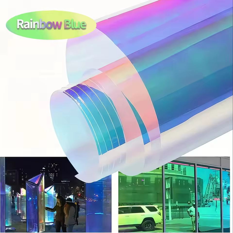 Teinte de fenêtre en verre de bâtiment dichroïque caméléon, Film décoratif coloré découpé UV pour centre commercial et bureau, vitrail auto-adhésif