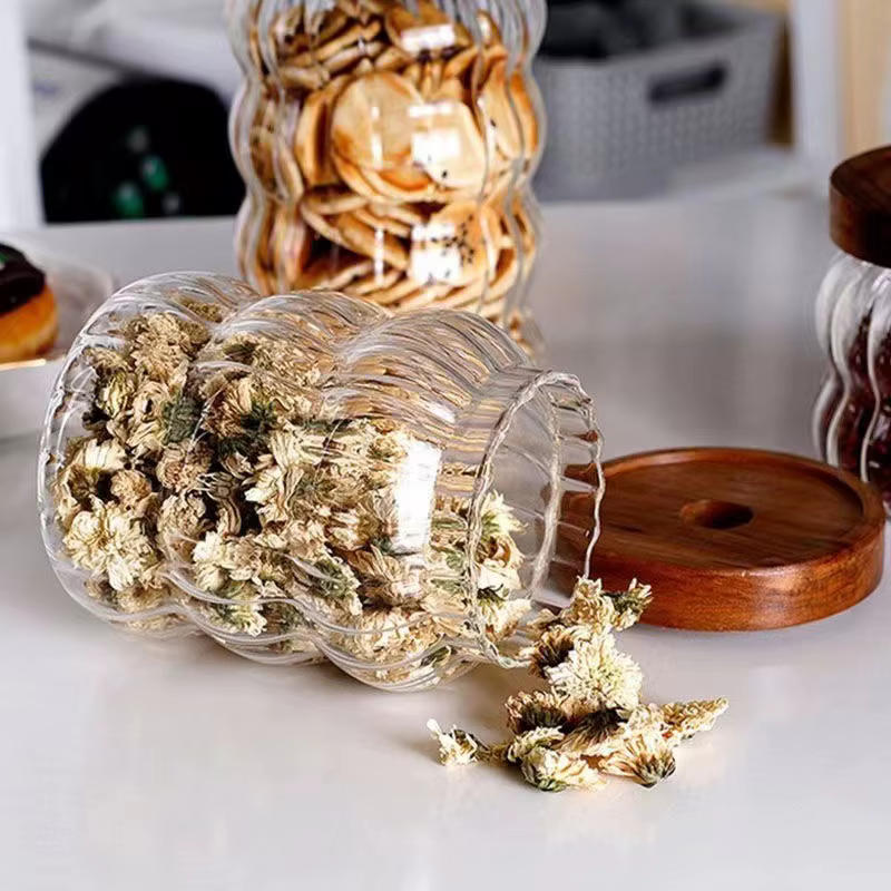 Bouteilles de rangement en verre rayé avec couvercle en bois