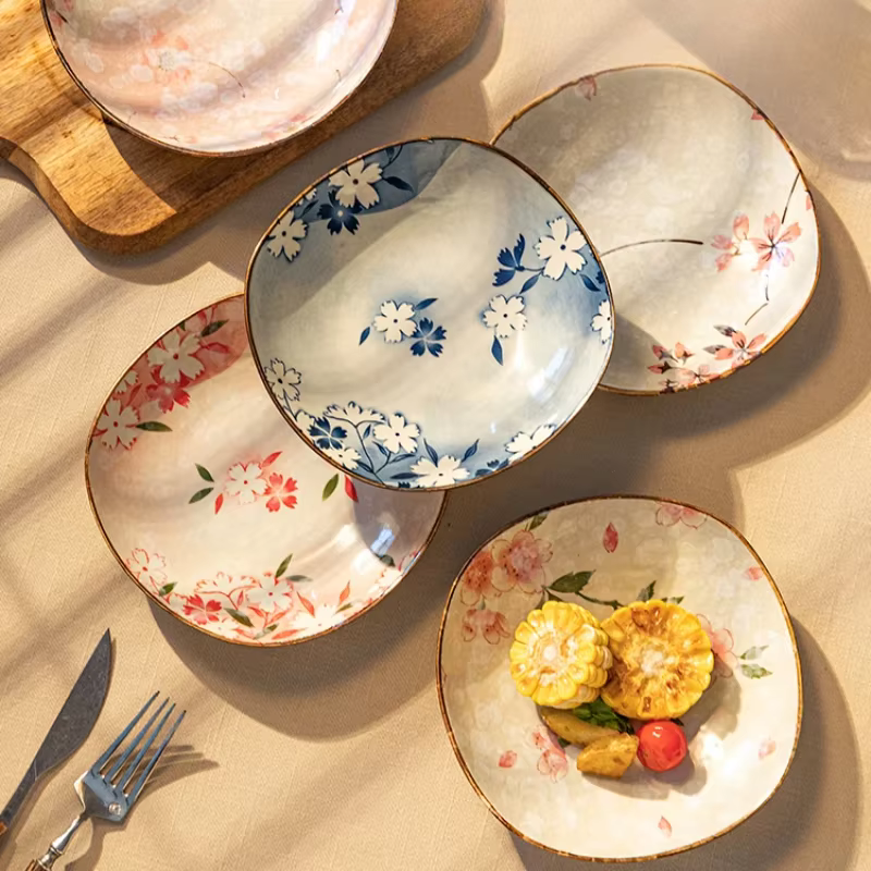 Assiette à Dessert en céramique de fleur de cerisier japonaise, accessoires de cuisine à domicile, ensemble de couverts, assiette créative et mignonne, assiette à Sushi