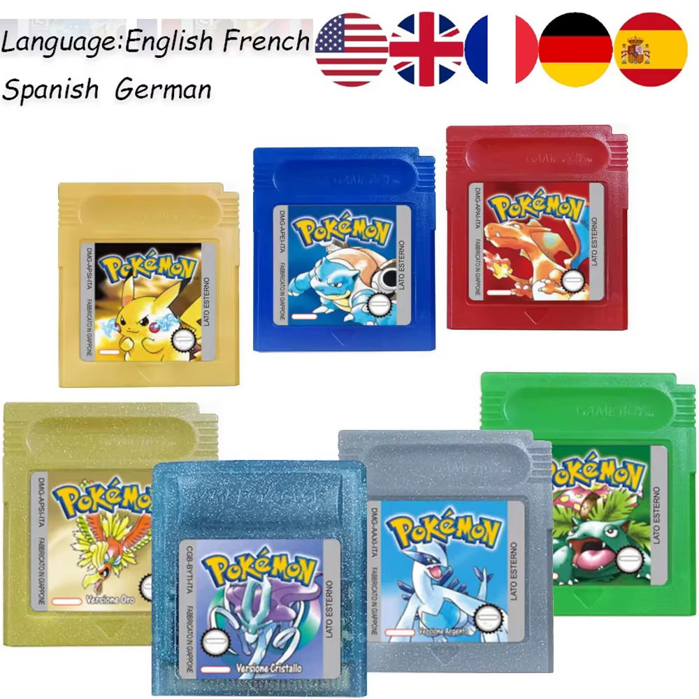 ● HOT USA ESP FRA GBC Lot de cartouches Pokémon Rouge/Bleu/Cristal/Or/Argent/Jaune/Vert Carte multilingue Carte de jeu Pokémon