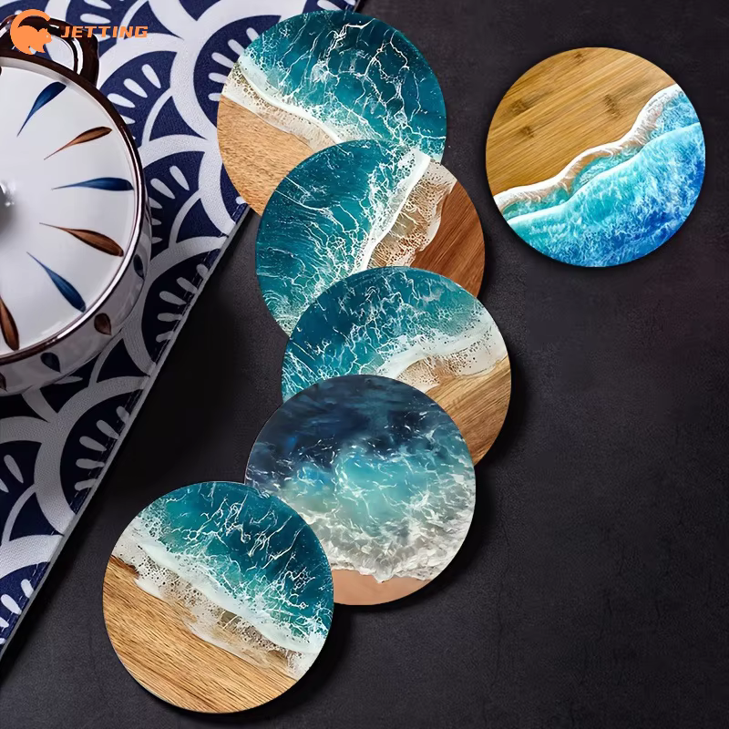 Ensemble de sous-verres et napperons ronds en bois bleu océan