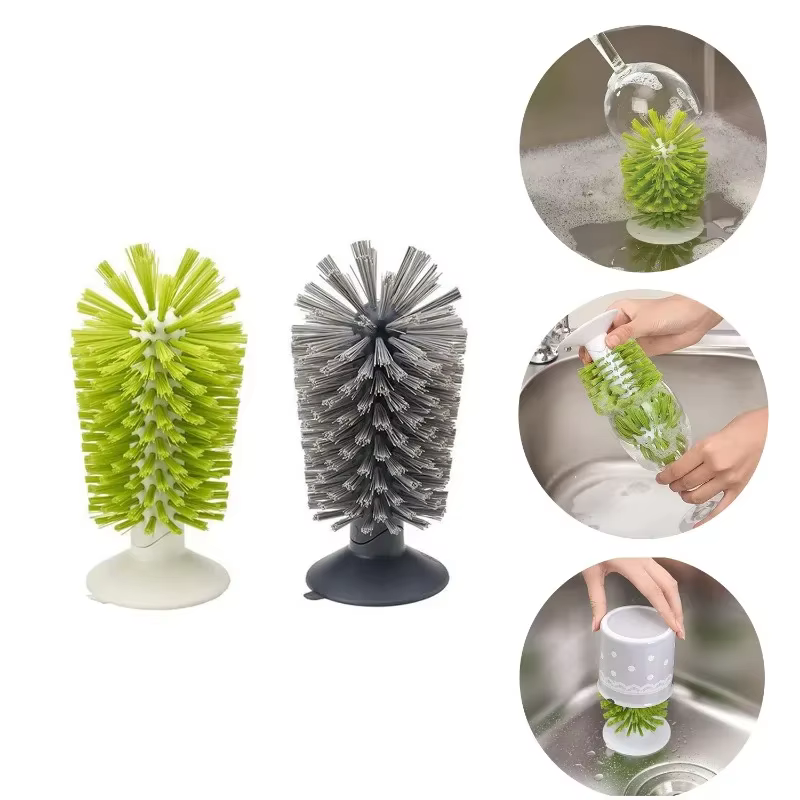 Brosse à ventouse pour évier, pour verres à vin, tasses, bouteilles, poignée à poils durables, nettoyeur de stabilité vertical, brosse en verre avec aspiration Cu