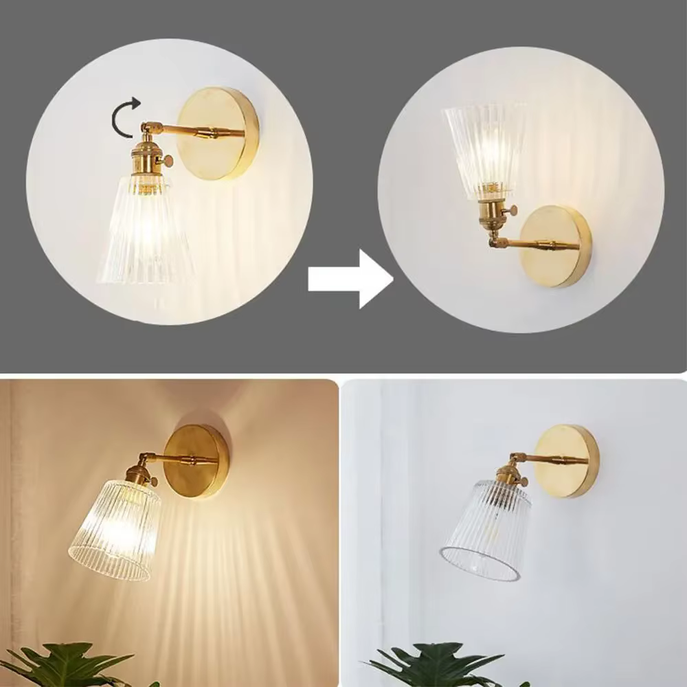 JIANKELONG Applique murale moderne en verre, abat-jour transparent en cuivre nordique, décoration murale rétro pour chambre à coucher, salon, bureau.