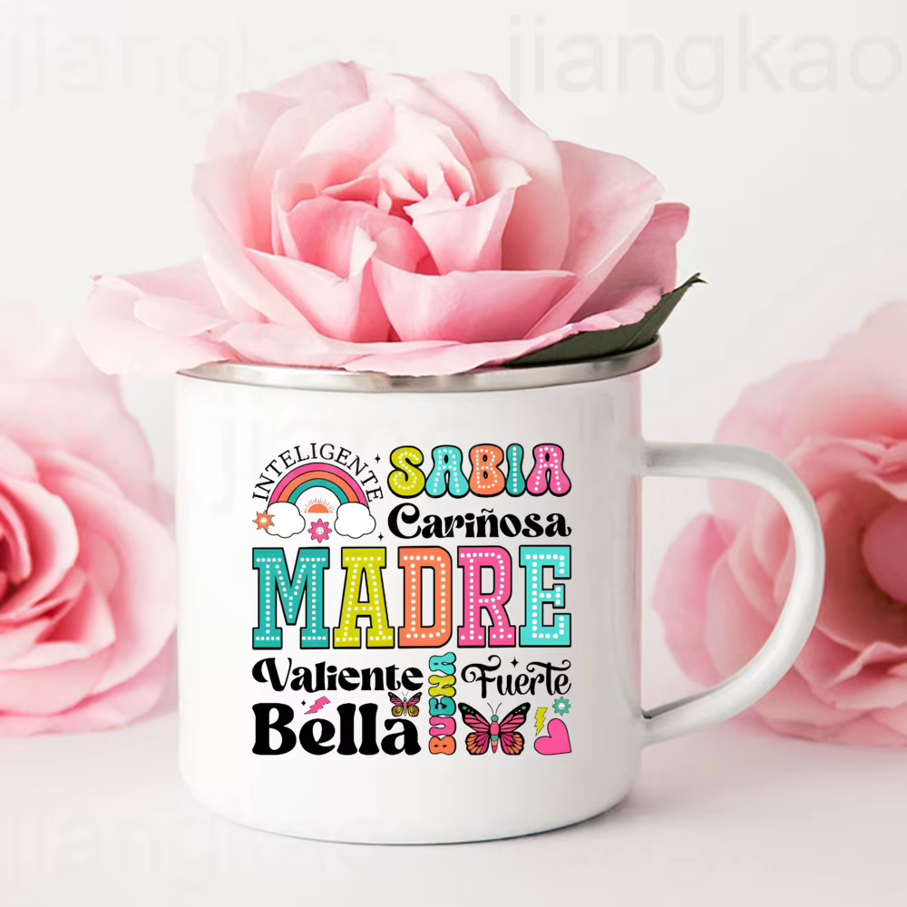 Tasse à café en émail imprimé espagnol pour mère courageuse