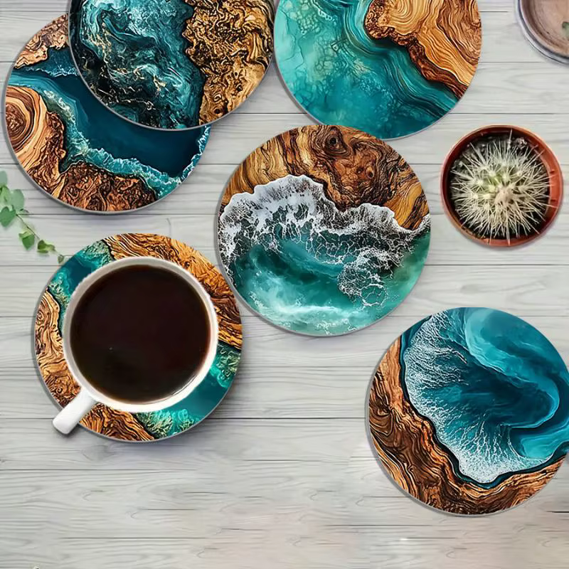 Ensemble de sous-verres à motif de vagues océaniques et de grain de bois