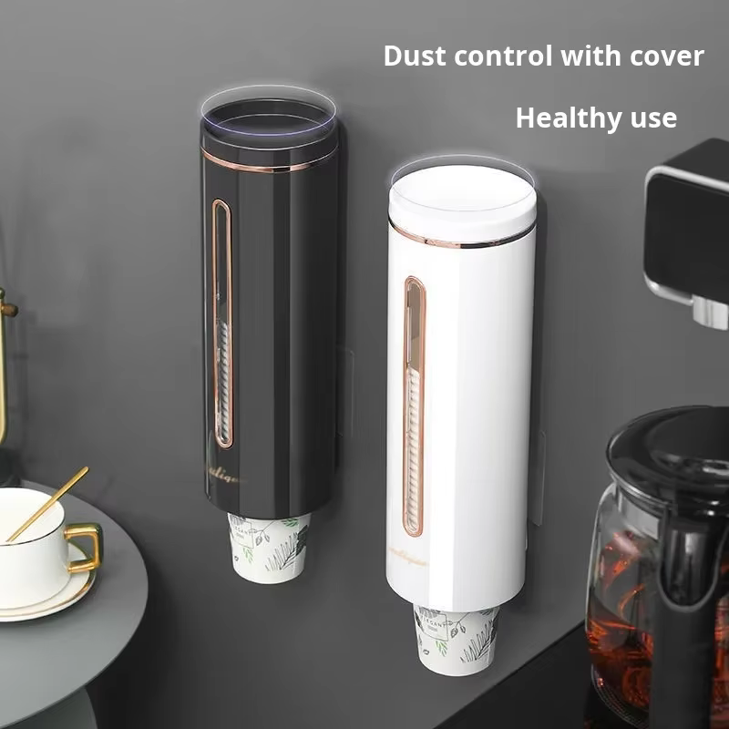Distributeur de gobelets mural sans perçage, élégant et pratique, avec bord électroplaqué, anti-poussière, pour rangement de gobelets jetables
