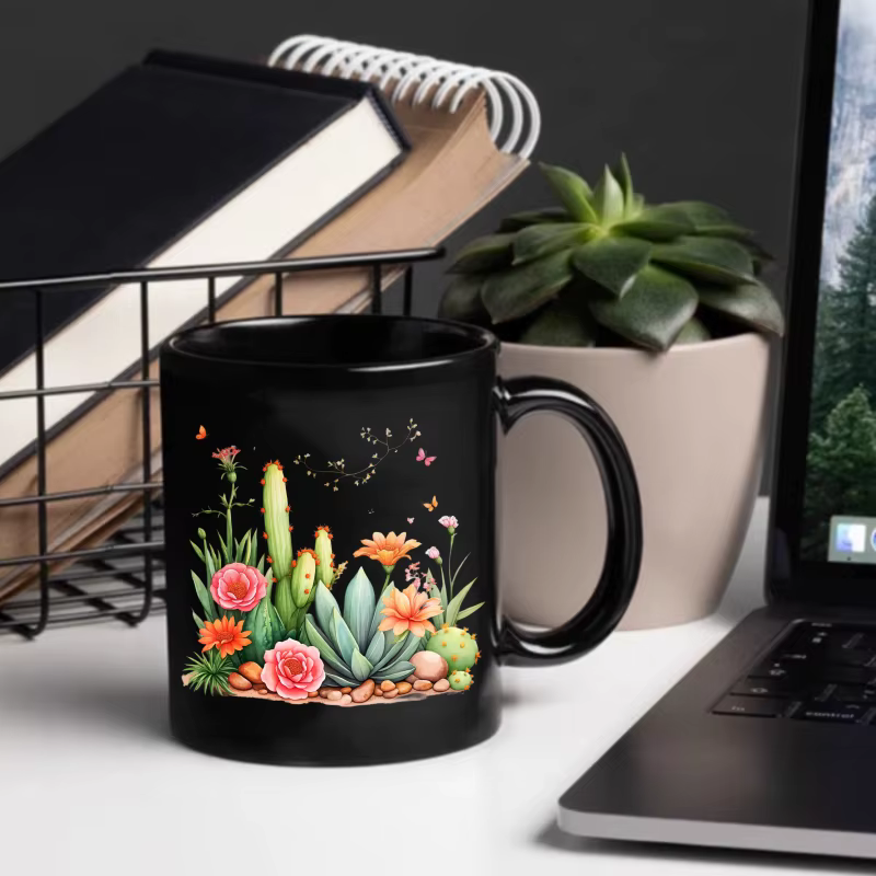 Tasse en céramique Cactus noir et fleurs
