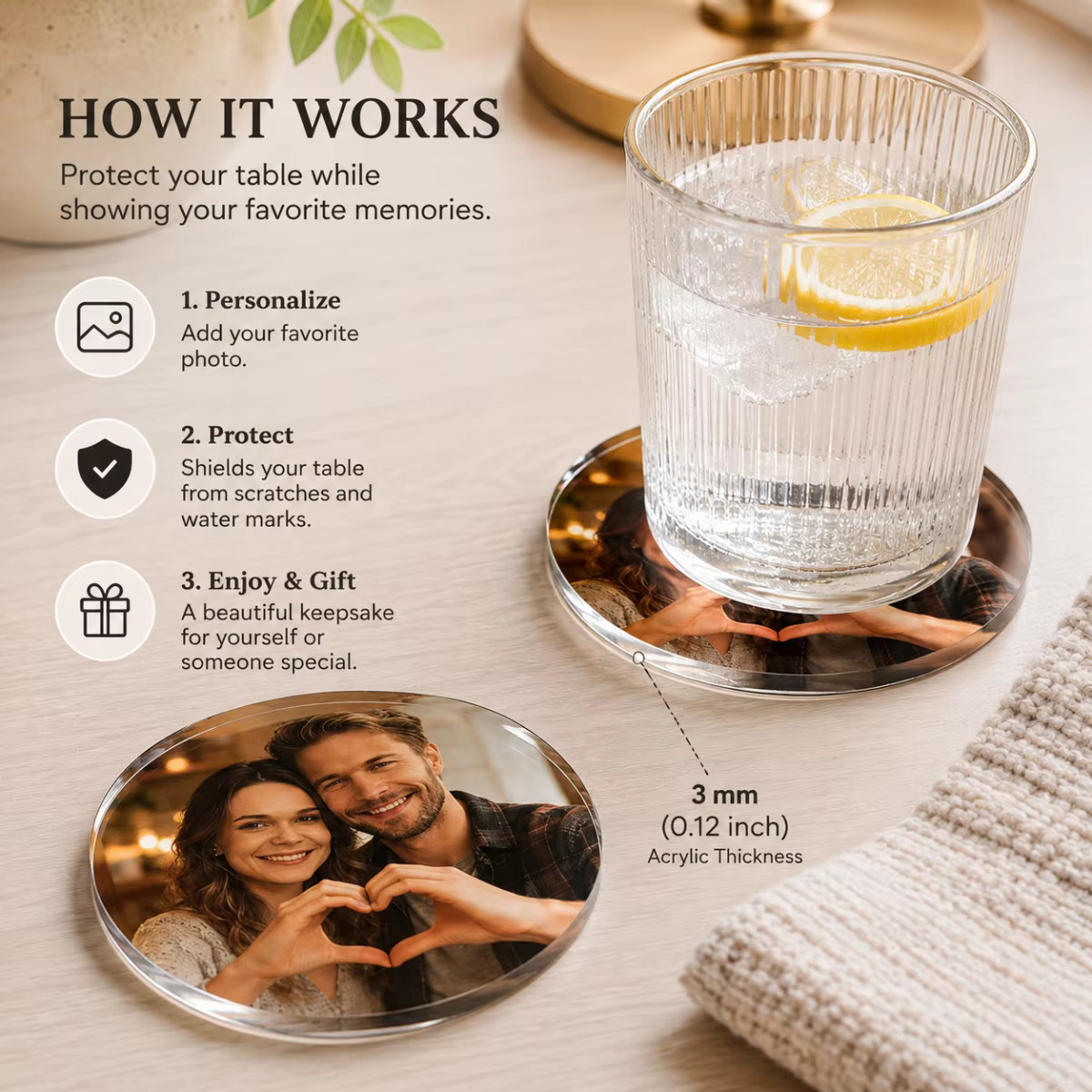 1 sous-verre personnalisé en acrylique – imprimé UV avec votre image ; Convient pour les mariages
